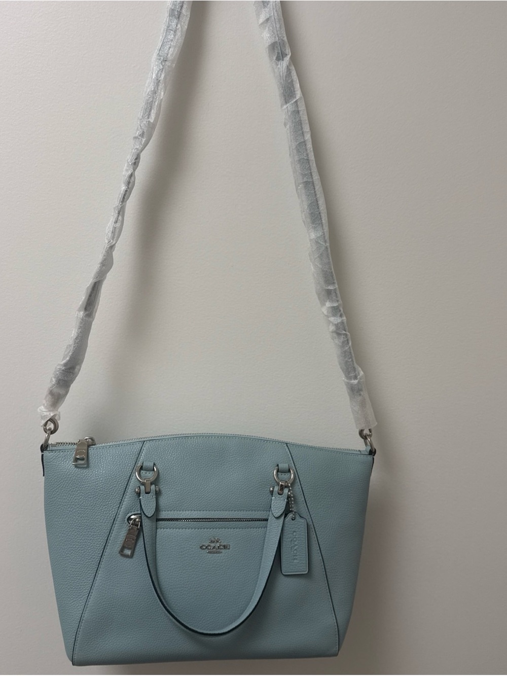 Coach Light Blue Pebbled Leather Tote with Silver Hardware